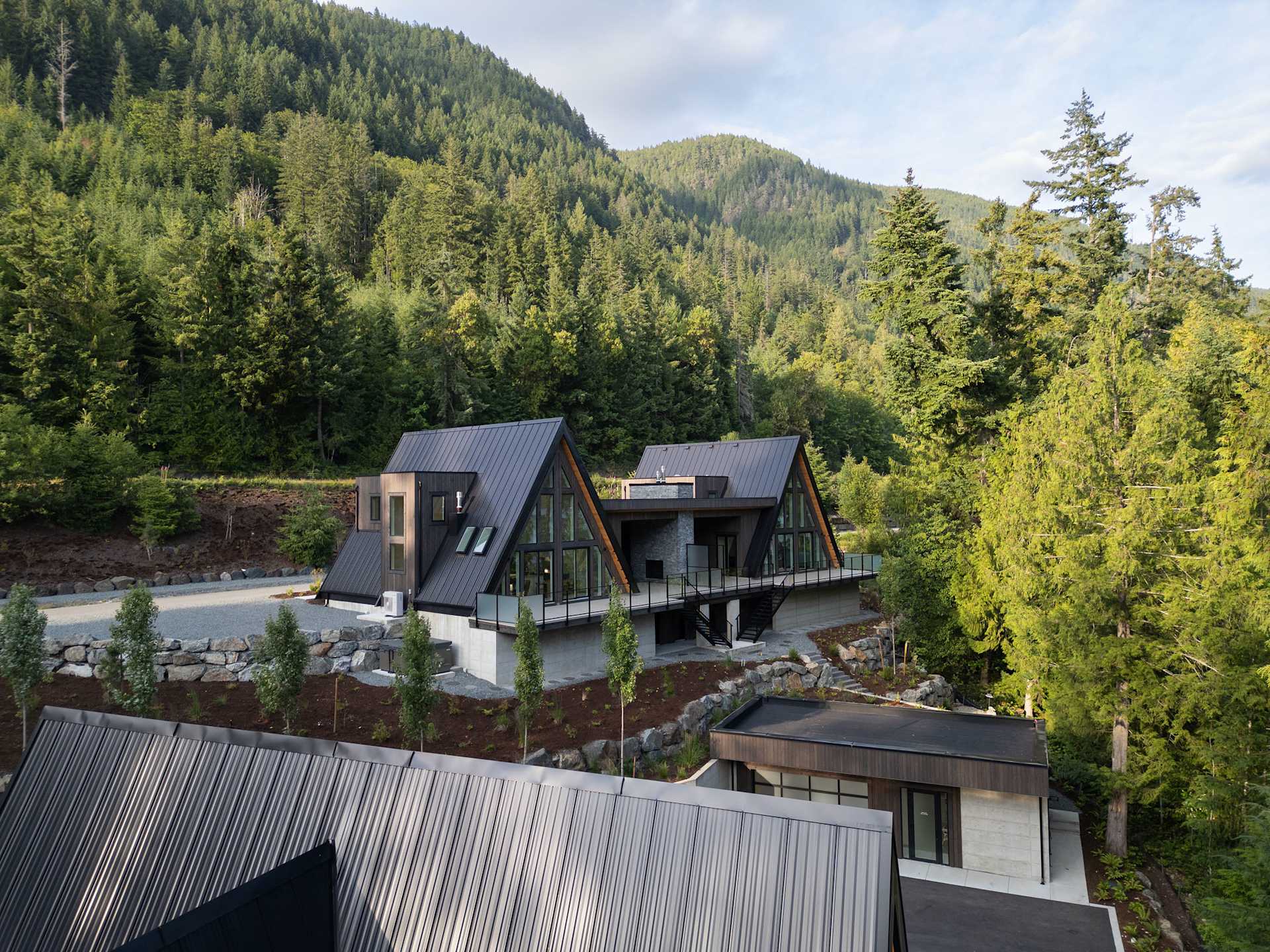 The three A-frame cabins from above