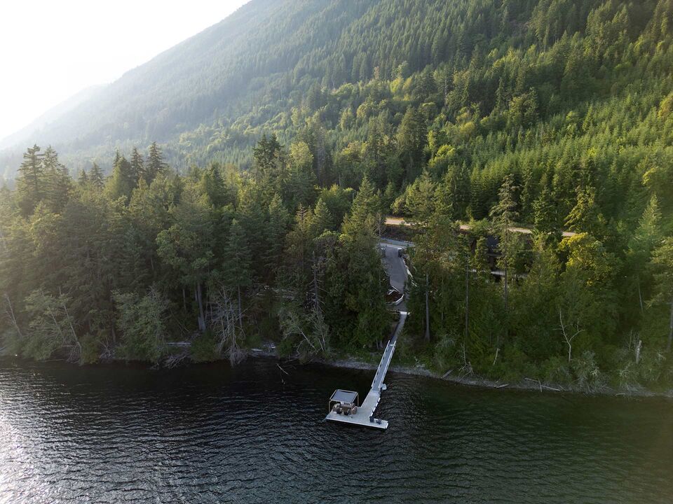 Aerial view of Cowichan Lake and the private dock below the forested Aera Cabins shoreline