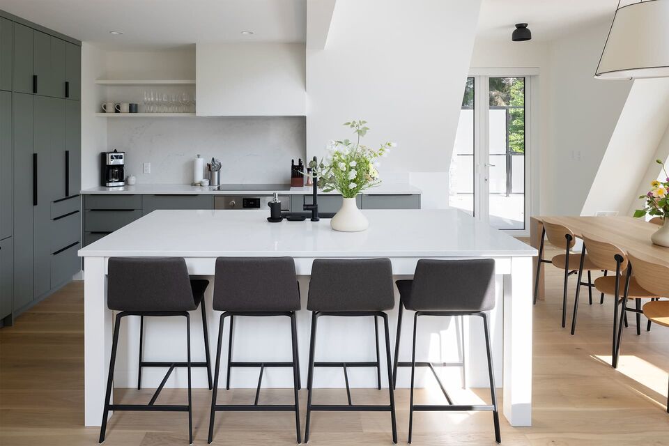 Cabin 2 white kitchen island with grey stools and coffee station