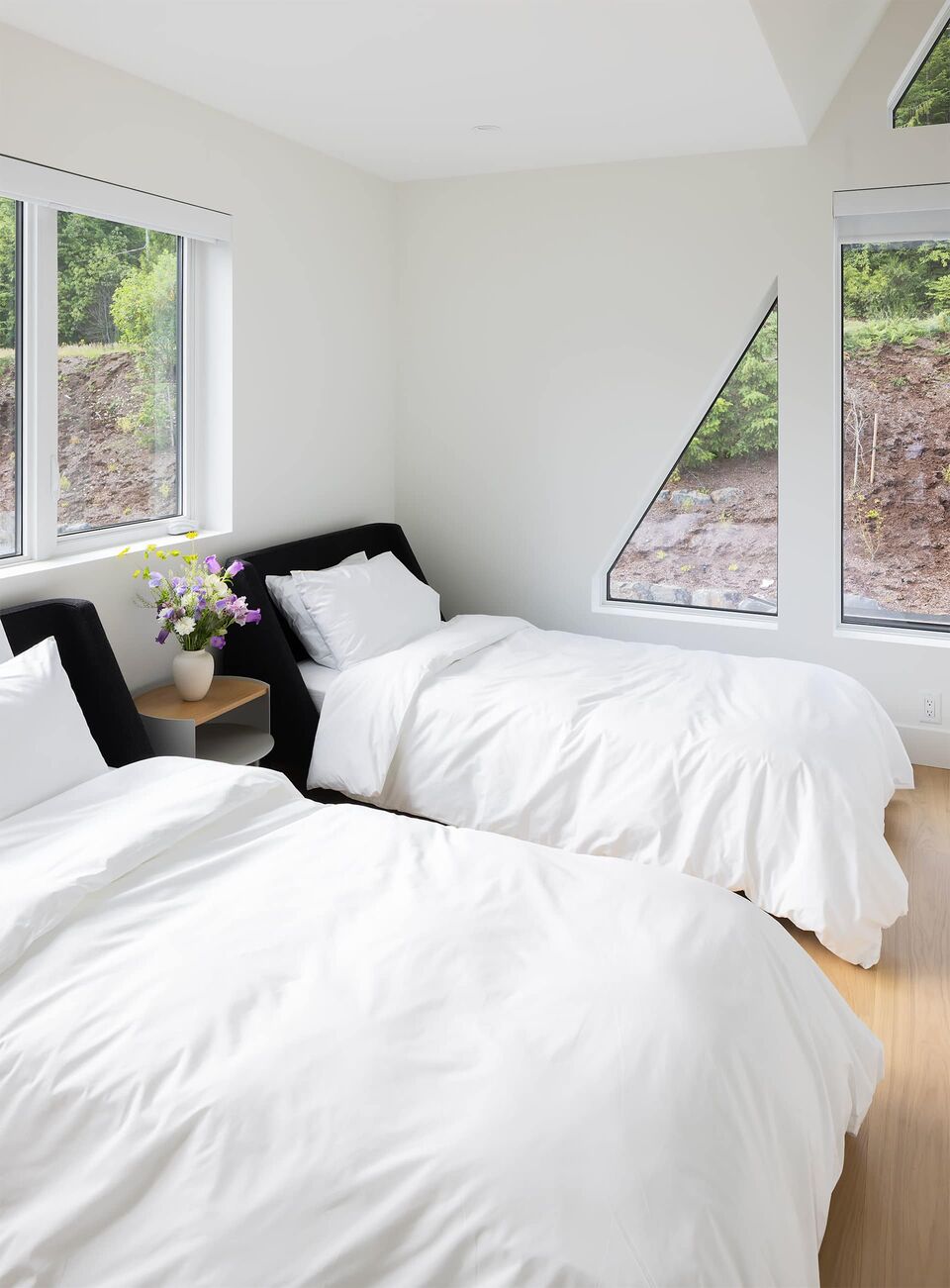 Cabin 2 twin bedroom with black bed frames and hillside window